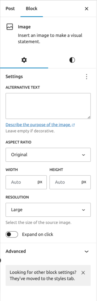 Image block settings