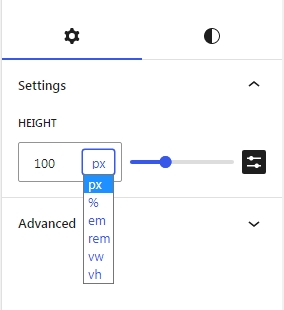 Spacer block settings, showing the supported units