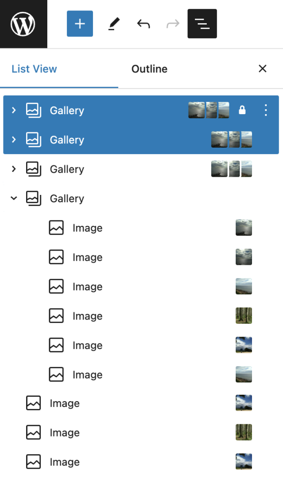 List view displaying image previews for Image and Gallery blocks.