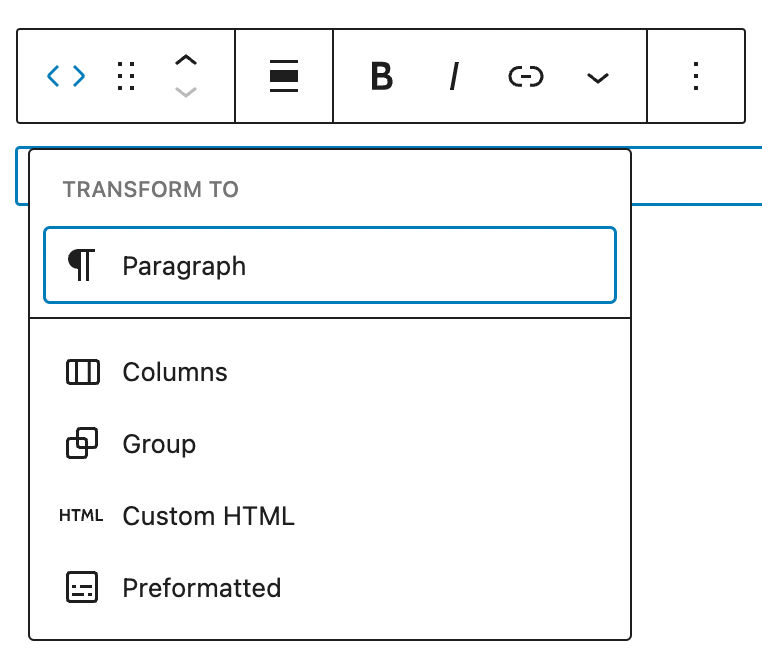 Code block toolbar with the transform option highlighted